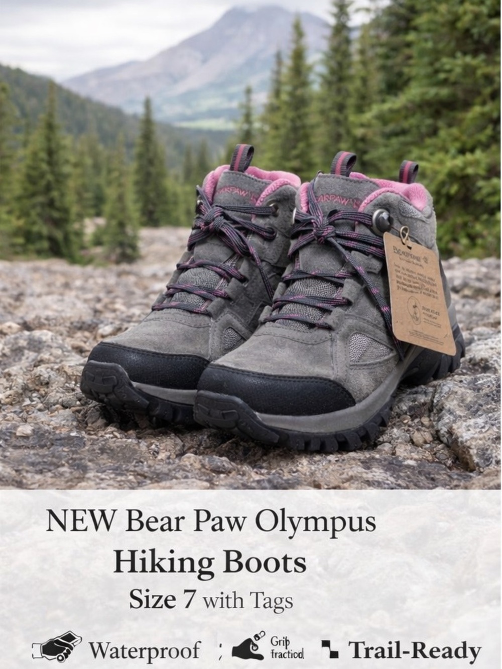 Bearpaw Olympus Hiking Boots Charcoal Gray Waterproof Trail Shoes Womens Size 7